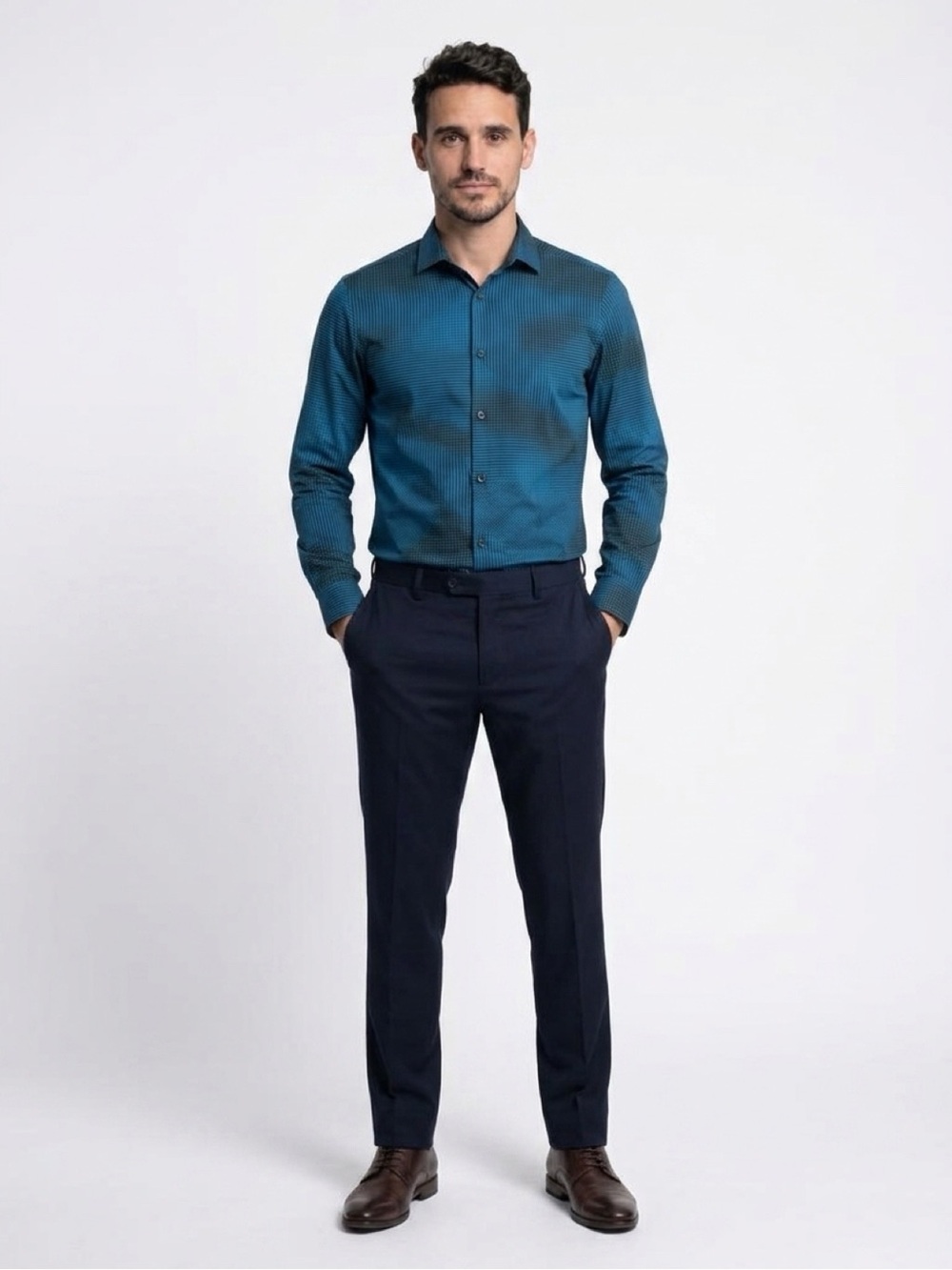 Calvin Klein Teal Micro-Pattern Long-Sleeve Dress Shirt